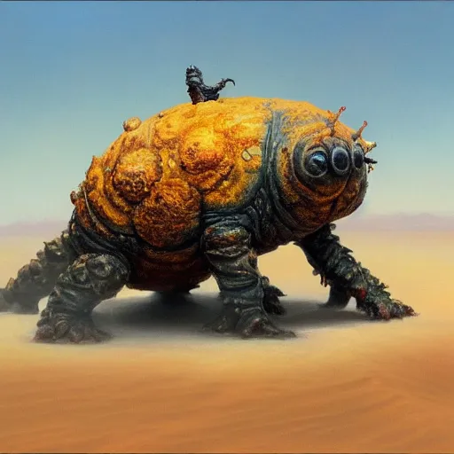 Image similar to realistic painting of a tardigrade kaiju, with 6 legs in a desert storm, by james gurney, slime, big globule eye, godzilla, vintage, concept art, oil painting, tonalism, crispy