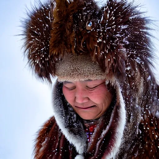 Prompt: a cheyenne tribal woman wearing bison fur coat in a wyoming snot storm, close up, portrait