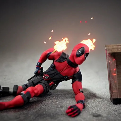 Image similar to wade wilson claymation, deadpool, action scene, explosions, cinematic, volumetric lighting