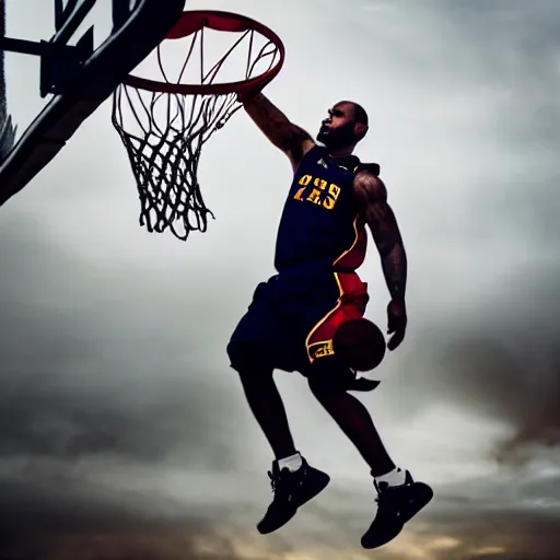 Image similar to photo of asian lebron james as an asian dunking a basketball, nikon d 7 3 0