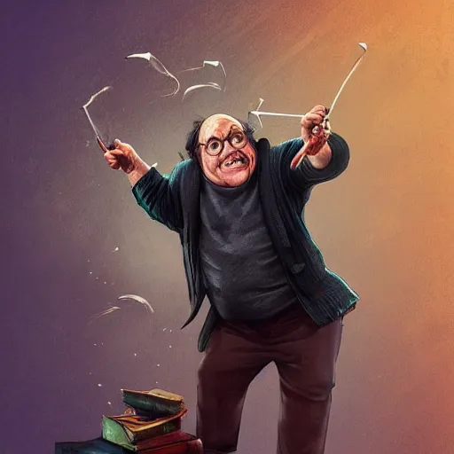 Prompt: full body portrait of danny devito as as Harry Potter, fantasy, highly detailed, digital painting, artstation, concept art, sharp focus, illustration, art by artgerm and Anna Dittmann and Ilya Kuvshinov