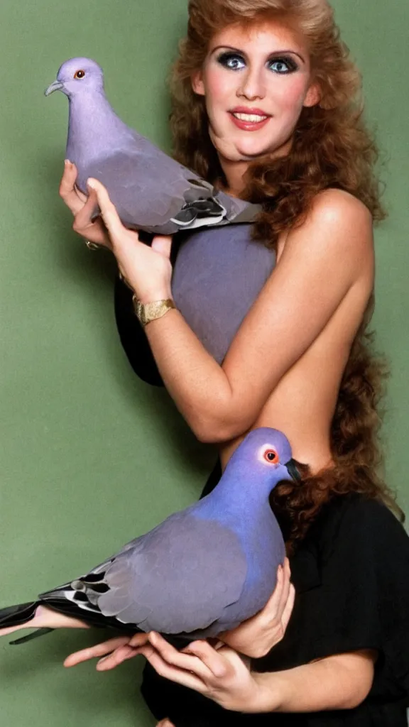 Image similar to an 8 0 s photo of a glamour model holding a pigeon