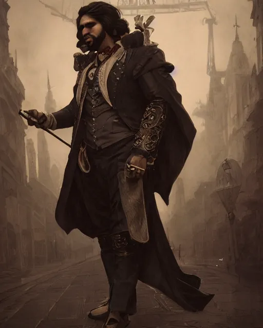 Image similar to nandor the relentless, from what we do in the shadows, kayvan novak, long black hair, half - body, 1 9 2 0 s suit, ornate cape, very detailed, intricate, cinematic, artstation, william bouguereau, daniel gerhartz, greg rutkowski, rossdraws, octane render