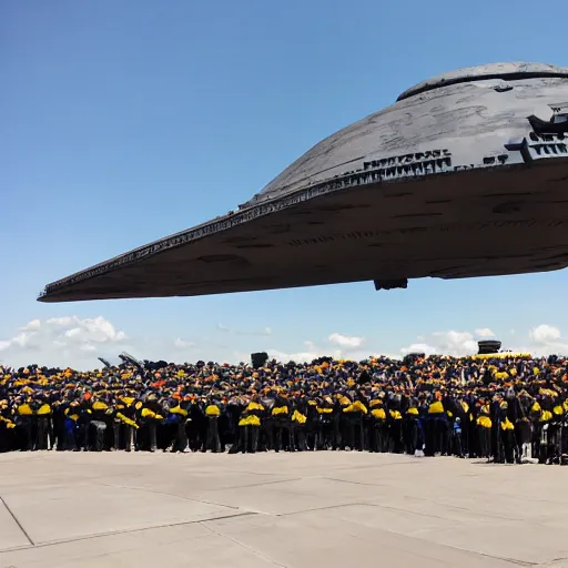 Prompt: army of minions standing outside star destroyer from star wars