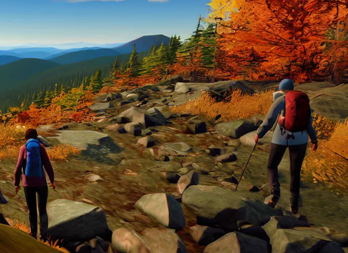 Image similar to friends hiking franconia ridge new hampshire in autumn, life is strange ps 3 gameplay ( 2 0 1 5 ), unreal engine