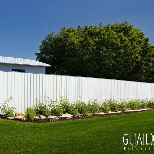 Image similar to Modern Farmhouse villa, white block fence, greenery growing, white plank siding, galvalume metal roofing, simple gable roofs, lush landscaping, sunny, napa,