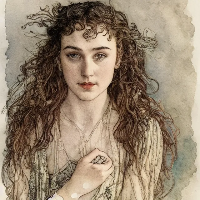 Image similar to a detailed, intricate watercolor and ink portrait illustration with fine lines of young 1 4 year old saoirse gal ronan gadot looking over her shoulder, by arthur rackham and edmund dulac and walter crane