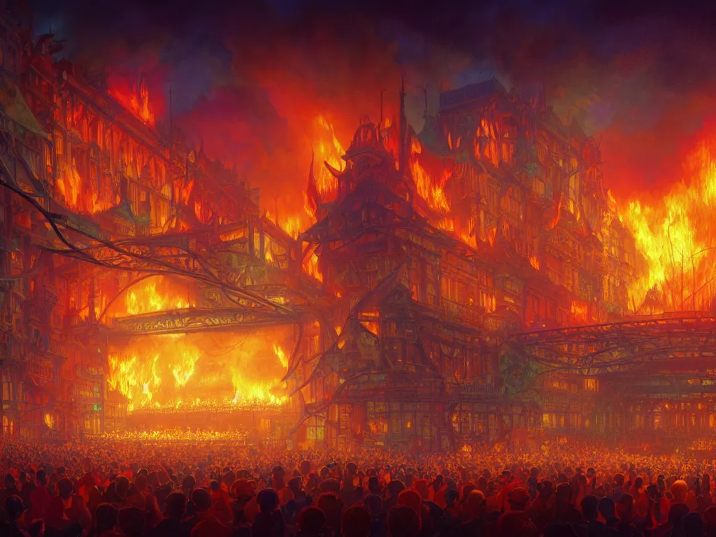 Prompt: a brightly lit stage centered and on fire, high contrast, stage lighting, pyrotechnics, ghibli animated film, volumetric lighting, octane render by stanley artgerm lau, greg rutkowski, thomas kindkade, alphonse mucha, loish, norman rockwel,