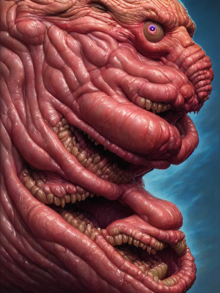 Image similar to hyperrealistic rendering, fat smooth cronenberg flesh monster trump by donato giancola and greg rutkowski and wayne barlow and zdzisław beksinski, eyeballs, product photography, action figure, sofubi, studio lighting, colored gels, colored background