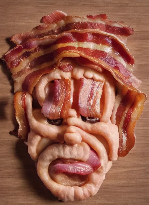 Image similar to bacon in the shape of a human face, human face made out of bacon, kevin bacon made out of bacon, professional food photography, unreal engine