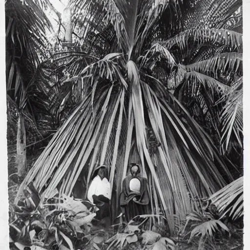 Image similar to lost film footage of a sacred indigenous artifact in the middle of the ( ( ( ( ( ( ( ( ( ( tropical jungle ) ) ) ) ) ) ) ) ) ) / ethnographic object / film still / cinematic / enhanced / 1 9 0 0 s / black and white / grain