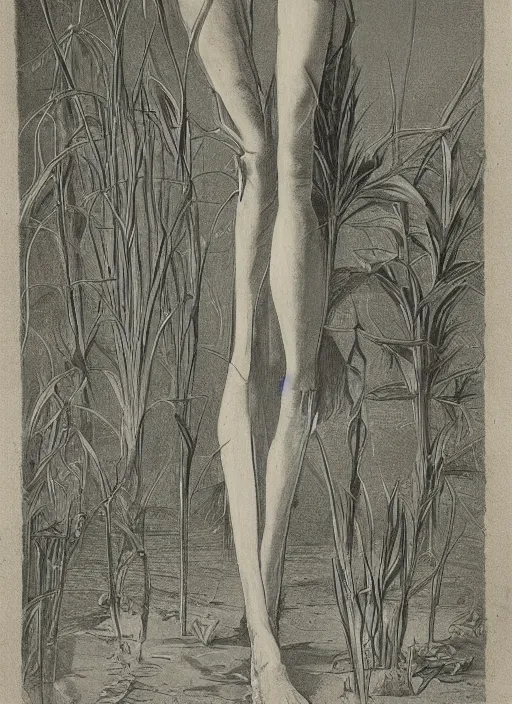 Prompt: fantasy scientific botanical illustration of a green tall plant walking around with human legs