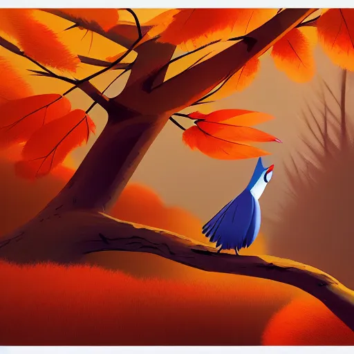 Image similar to goro fujita ilustration a beautiful bird with open wings and feathers flying over a forest full of autumn trees, painting by goro fujita, sharp focus, highly detailed, artstation