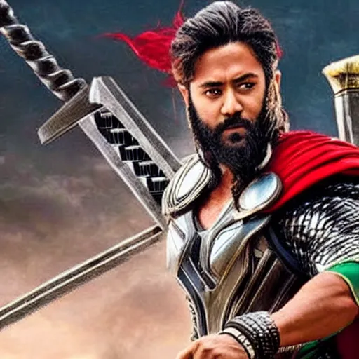 Image similar to film still of rocking star yash as thor in thor ragnarok