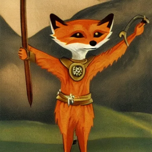 Image similar to anthropomorphic fox!! who is a medieval knight holding a sword towards a stormy thundercloud 1 9 3 0 s film still, castle in the background