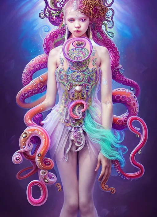 Prompt: A full body shot of a cute young magical girl wearing an ornate dress made of opals and tentacles. Monster GIrl. Subsurface Scattering. Dynamic Pose. Translucent Skin. Rainbow palette. defined facial features, symmetrical facial features. Opalescent surface. Soft Lighting. beautiful lighting. By Giger and Ruan Jia and Artgerm and WLOP and William-Adolphe Bouguereau. Photo real. Hyper-real. Photorealism. Fantasy Illustration. Sailor Moon hair. Masterpiece. trending on artstation, featured on pixiv, award winning, cinematic composition, dramatic pose, sharp, details, Hyper-detailed, HD, HDR, 4K, 8K.