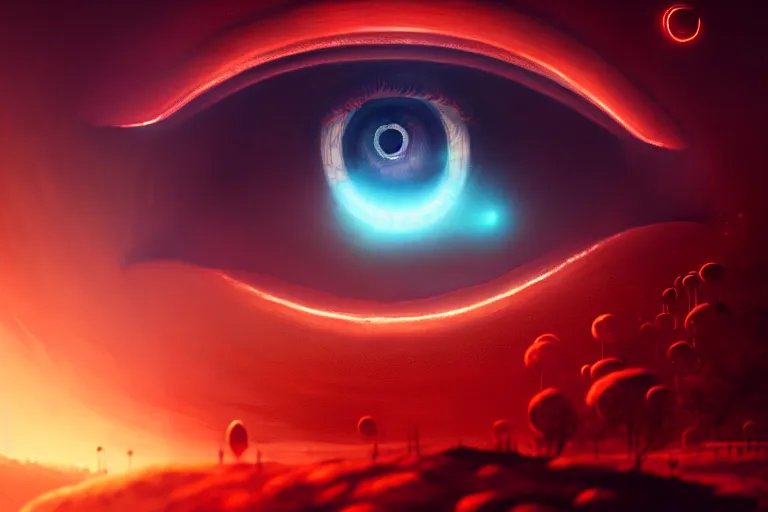 Image similar to portrait of a mystical giant eye, red pupils, intricate, ( ( abstract ) ), cinematic, octane render, wlop, greg rutkowski, dan mumford, artgerm