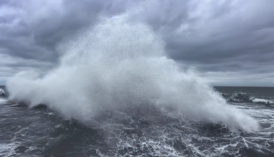 Prompt: photograph of a big incoming wave at brighton pier, dramatic, looming, hyperrealistic