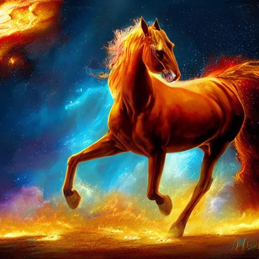 Image similar to A Fire horse , an oil painting , Digital art, concept art, highly detailed, by Mark Brooks, 3-D 8K, amazing nebula background, unreal engine,