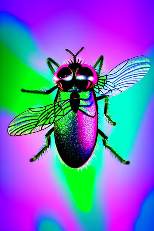 Image similar to high quality macro photo holographic neo-surreal fly! jeweled gorgeous! highly detailed digital art david ligare elson peter cinematic pink neon lighting high quality low angle hd 8k sharp shallow depth of field