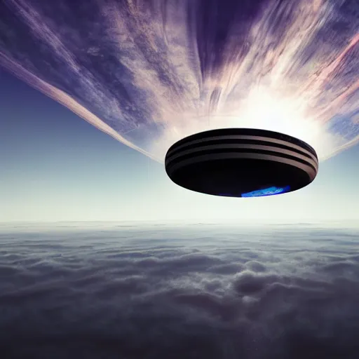 Prompt: photorealistic dramatic view of an alien mothership floating in the sky at noon