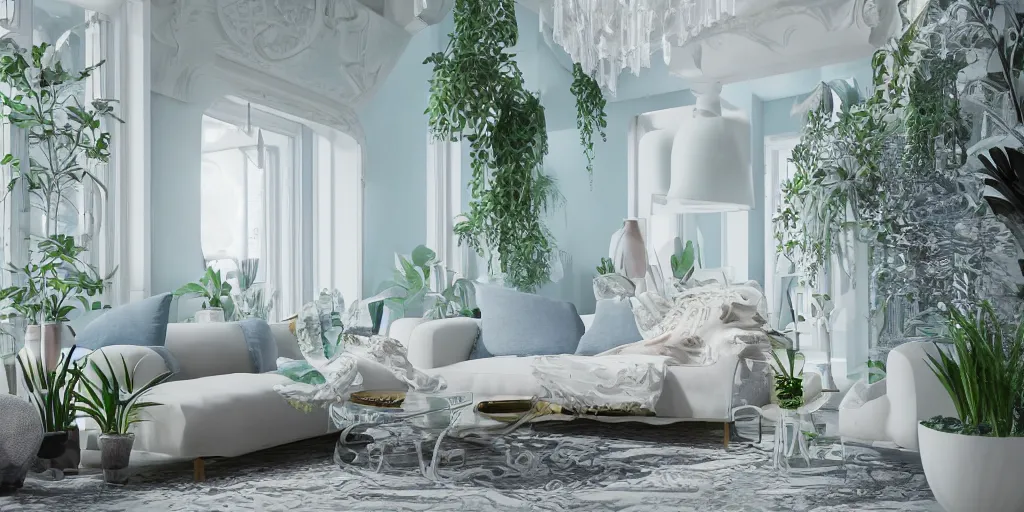 Prompt: a modern indoor room, clean architecture, pastel colored, baroque, a couch, a couch table, some fresh plants, underwater, surounded a hiper detailed inkdrop in water, intricate detailed 3 d render, hyper realistic intricate acrilic fluid art, elegant, intense colors, wide shot, octane render, concept art, daylight, peaceful, 8 k