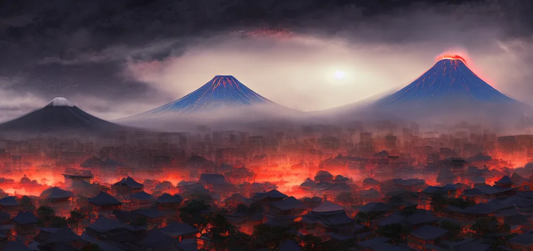 Image similar to view of an ancient japanese city at night, erupting volcanoes in the background, dramatic clouds, glowing fog, dramatic lighting, ultra detailed, sharp, ambient occlusion, raytracing, by greg rutowski, paul chadeisson and jessica rossier