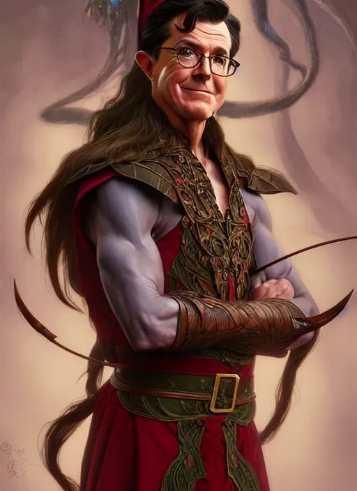 Image similar to portrait of stephen colbert as an elf, long hair, d & d, muscular! fantasy, intricate, robes, elegant, highly detailed, digital painting, artstation, concept art, smooth, sharp focus, illustration, art by artgerm and greg rutkowski and alphonse mucha