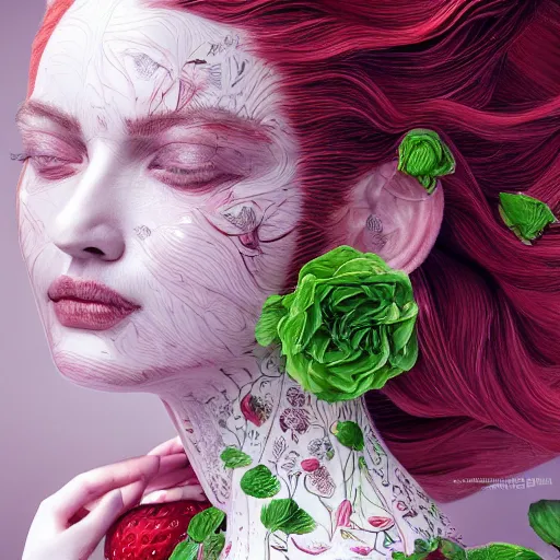 Image similar to the portrait of an absurdly beautiful, graceful, elegant, sophisticated, dignified woman made of strawberries and green petals looking up, an ultrafine hyperdetailed illustration by kim jung gi, irakli nadar, intricate linework, bright colors, octopath traveler, final fantasy, unreal engine 5 highly rendered, global illumination, radiant light, detailed and intricate environment