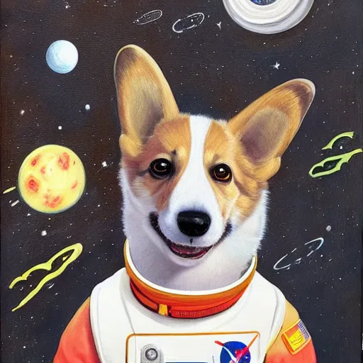 Image similar to surrealist painting of a corgi astronaut floating in outer space