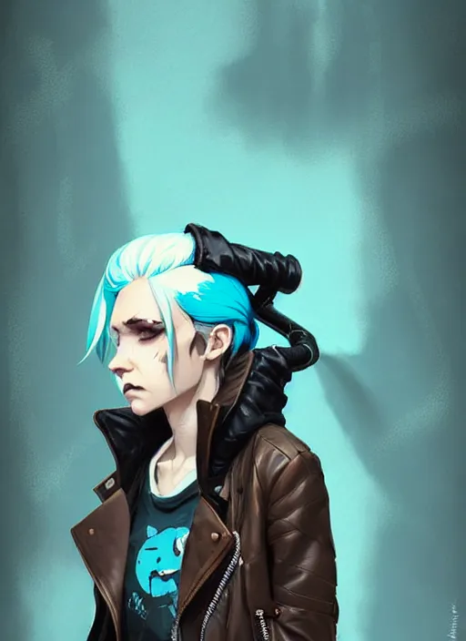 Image similar to highly detailed portrait of a sewer punk lady student, blue eyes, leather jacket, white hair by atey ghailan, by greg rutkowski, by greg tocchini, by james gilleard, by joe fenton, by kaethe butcher, gradient blue, black, brown and cyan color scheme, grunge aesthetic!!! ( ( graffiti tag wall background ) )