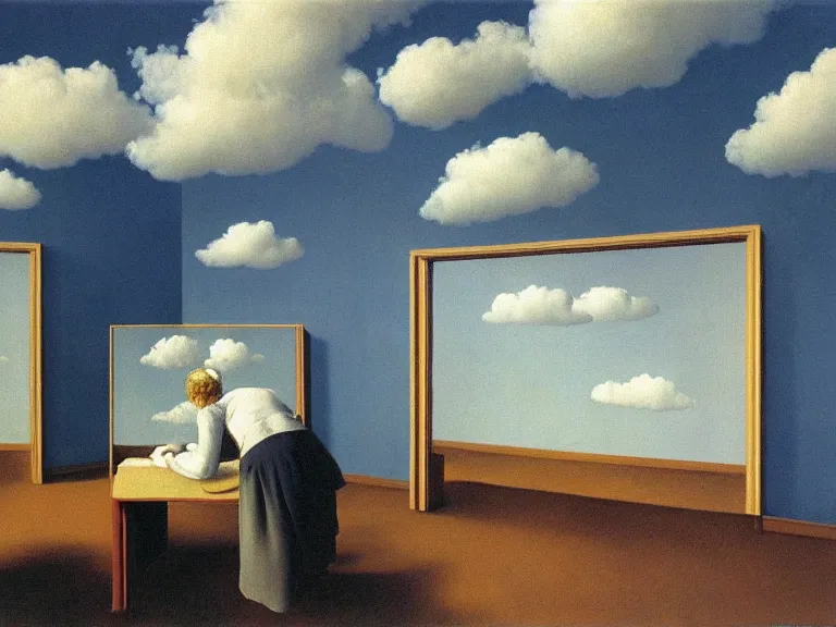 Image similar to room with clouds painted on the walls, painting by rene magritte, centered, high detail, high resolution