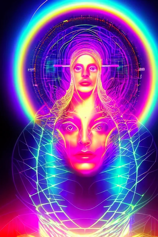 Image similar to portrait of the goddess of artificial intelligence as a hologram, in front of a rainbow of data, threads of light in the background, extremely high quality artwork, very detailed, anthropomorphic silhouette, trending on artstation