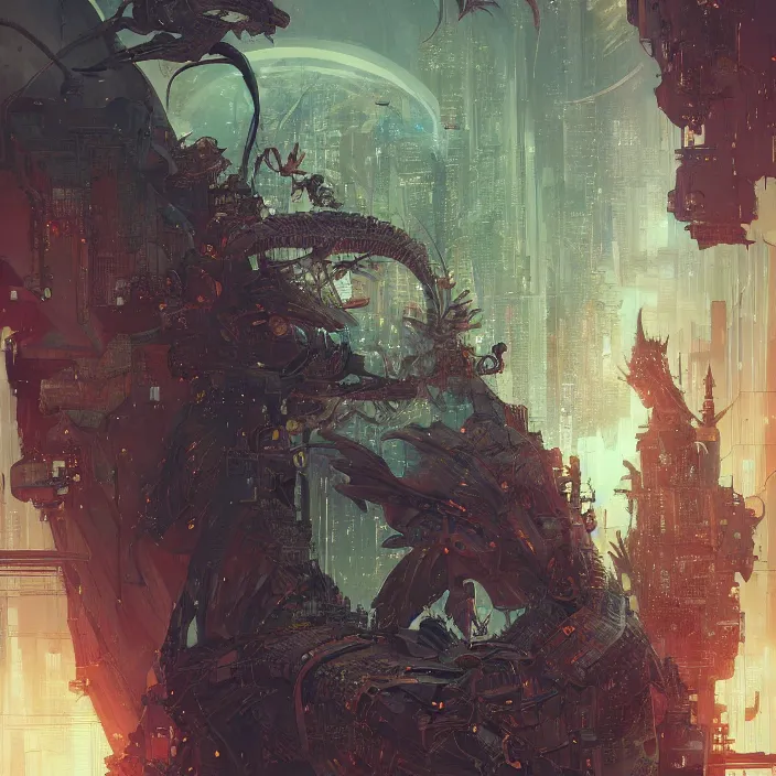 Image similar to concept art by xision ， victo ngai and lfons mucha, greg rutkowski, portrait of cyberpunk dragon, dim lighting, detailed portraits, unreal engine 5, highly rendered,, digital painting, artstation, concept art, smooth, sharp foccus ilustration, detailed and intricate environment ， artstation hq