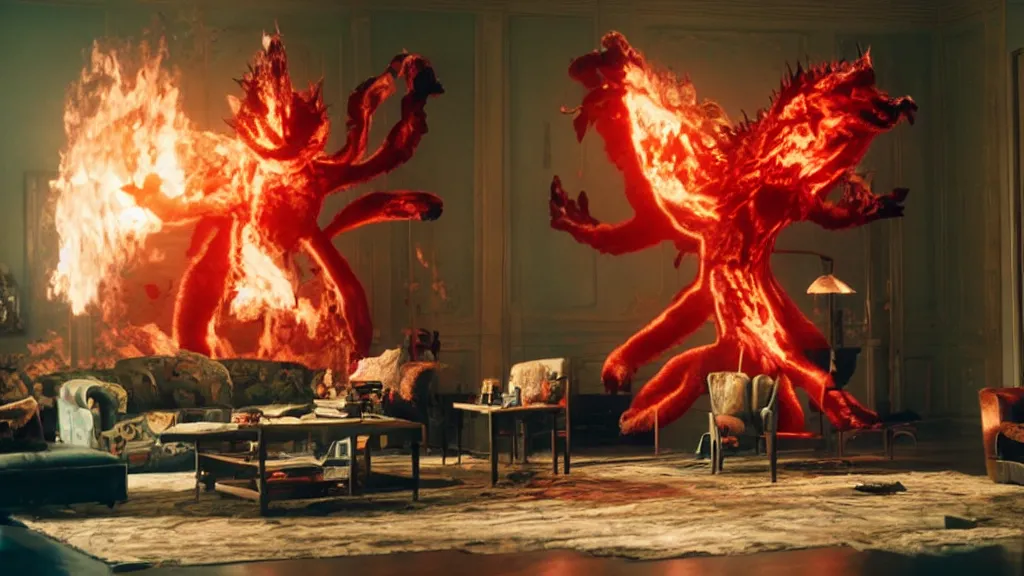 Image similar to a giant pokemon made of blood and fire floats through the living room, film still from the movie directed by Denis Villeneuve with art direction by Salvador Dalí, wide lens