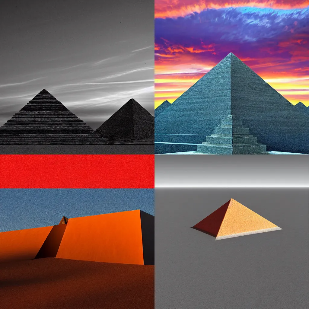 Prompt: modernist pyramid designed by frank lloyd wright, desert sunset, photograph, 4 k, surreal