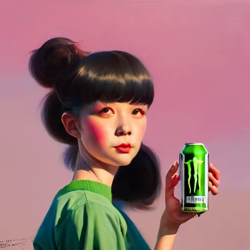 Image similar to girl drinks monster energy, organic painting, sunny day, matte painting, bold shapes, hard edges, street art, trending on artstation, by huang guangjian and gil elvgren and sachin teng