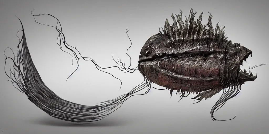 Image similar to angler fish sculpture, stylized layered shapes, long flowing fins, bioluminescent orbs, diffuse lighting, glowing eye, intricate, elegant, highly detailed, lifelike, photorealistic, digital painting, artstation, smooth, sharp focus, art by h r giger