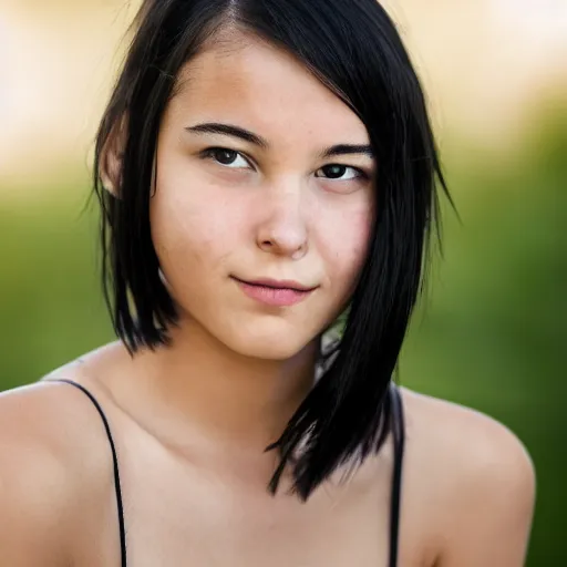 Image similar to young woman with shoulder - length messy black hair, slightly smiling, 1 3 5 mm nikon portrait