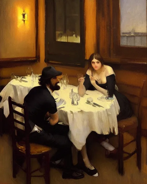 Image similar to a guy and a girl on a date in a restaurant, art by greg rutkowski, gustave courbet, rosa bonheur, edward hopper. faithfully depicted facial expression, perfect anatomy, sharp focus, global illumination, radiant light, detailed and intricate environment, trending on artstation