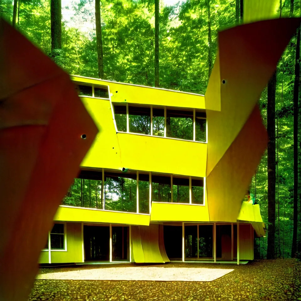 Prompt: a mid-century modern house with big tiles, from far away, in a forest, designed by Frank Gehry. Film grain, cinematic, yellow hue