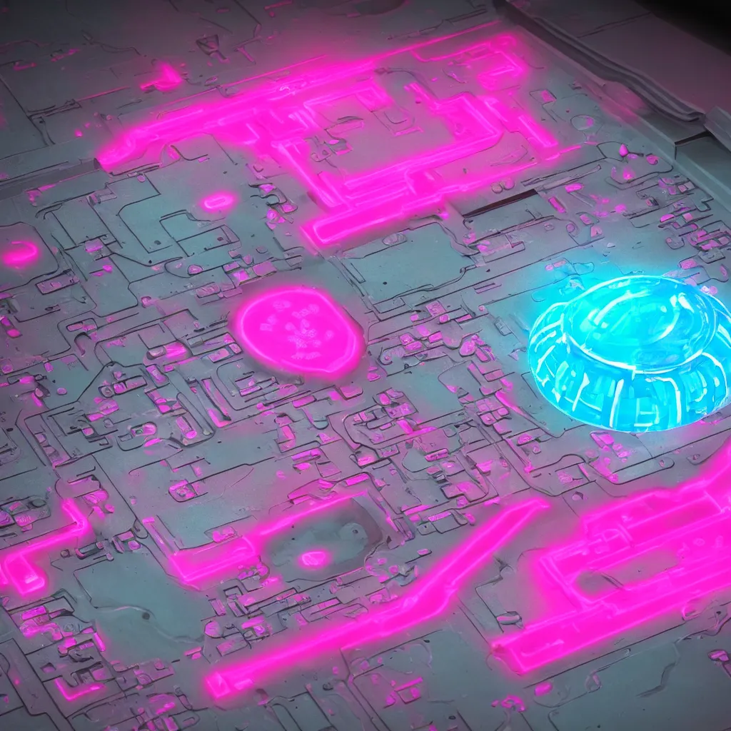 Image similar to Sci-fi alien computer interface from thousands of years in the future, made of fluorescent pink clay and limestone, 4K, high definition