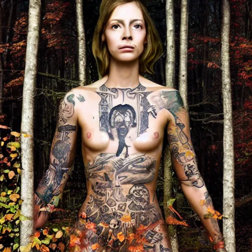 Prompt: A perfect female goddess stands for a waist up portrait with her body sightly wrapped in thin gold wire creatively arranged so as to look like tattoos, in a forrest of fall colors, hyper photo realistic 8K HD HDRI, photo by Annie Leibovitz.