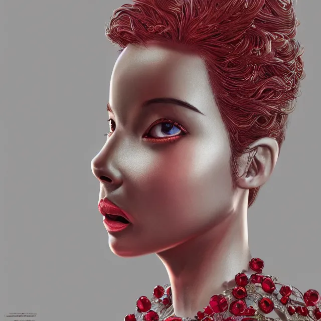 Image similar to studio portrait of absurdly beautiful, elegant, young gravure idol made of rubies and red gems, ultrafine hyperrealistic detailed face illustration by kim jung gi, irakli nadar, intricate linework, sharp focus, bright colors, matte, octopath traveler, final fantasy, unreal engine highly rendered, global illumination, radiant light, intricate environment