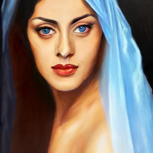 Prompt: young Monica Belluci as an Arab woman, tanned skintone, bright blue eyes, white transparent veil, glare face, light blue dress portrait, painting