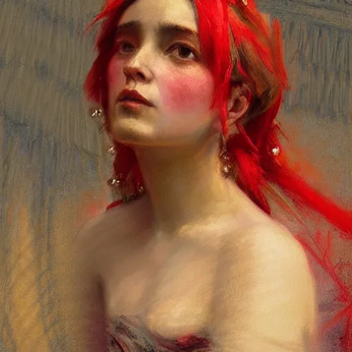 Image similar to solomon Joseph Solomon and Richard Schmid and Jeremy Lipking victorian genre painting portrait painting of a young beautiful woman queen of the sky in fantasy costume, red background