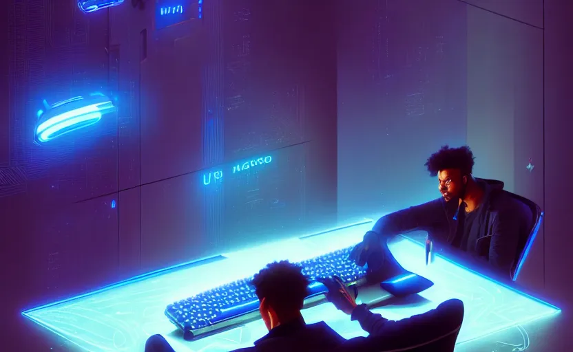 Image similar to handsome black genius hacking the metaverse, holographic keyboard, curved digital displays, urban interior, electric blue glowing lights, highly detailed, digital painting, artstation, concept art, smooth, sharp focus, illustration, art by wlop, mars ravelo and greg rutkowski