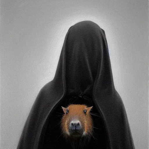 Image similar to a portrait of a capybara wearing a black hood, cloak covering face, anatomically correct, beautiful perfect face, enigmatic, oil painting, matte, black background, volumetric dynamic lighting, highly detailed, cinematic lighting, unreal engine, 8 k, hd, by beksinski