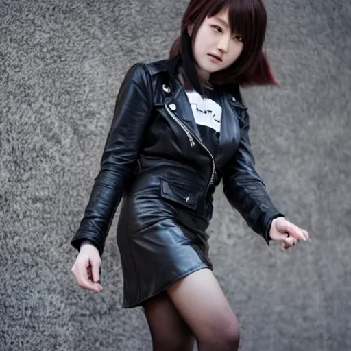 Image similar to a dynamic, epic cinematic 8K HD movie shot of a japanese young J-Pop idol girl wearing leather jacket, miniskirt, nylon tights and high heels boots. Motion, VFX, Inspirational arthouse