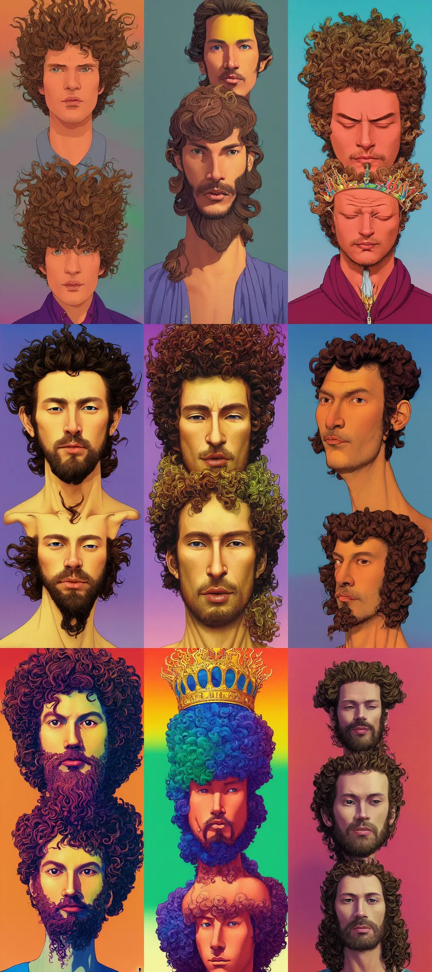 Prompt: a colorful vibrant closeup portrait of a simple caucasian man royalty crown king with curly mid length brown hair with a calm afraid aesthetic face and dreaming psychedelic hair, by kawase hasui, moebius, edward hopper and james gilleard, zdzislaw beksinski, steven outram colorful flat surreal design, hd, 8 k, artstation